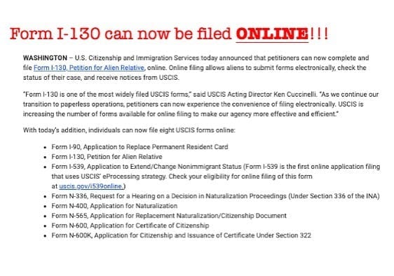 USCIS announced today that U.S. citizens and some Lawful Permanent Residents may now electronically file petitions on behalf of their foreign relatives (Form I-130)!!