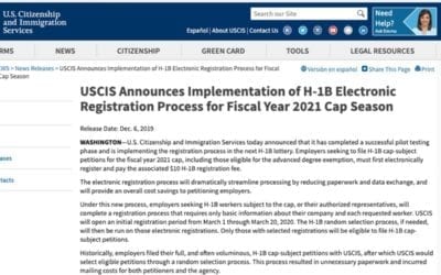USCIS Announces Implementation of H-1B Electronic Registration Process for 2021 Cap Season