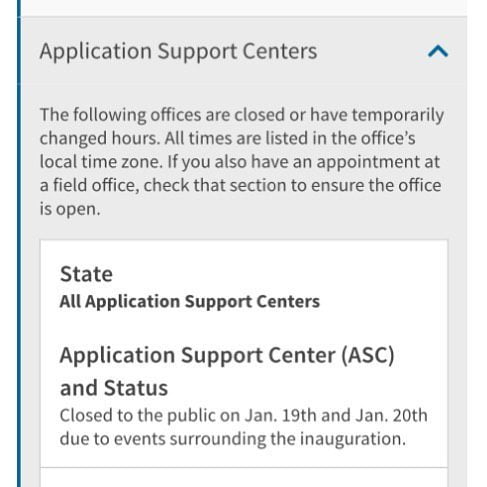 All Application Support Centers will be closed to the public on Jan. 19th and Jan. 20th due to events surrounding the inauguration.