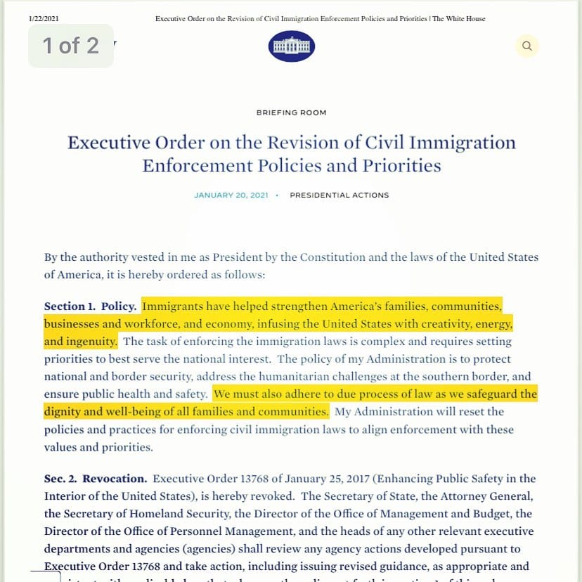 New Executive Order Revising Civil Immigration Enforcement Policies and Priorities. “Immigrants have helped strengthen America’s families, communities, businesses and workforce, and economy, infusing the United States with creativity, energy, and ingenuity. … We must also adhere to due process of law as we safeguard the dignity and well-being of all families and communities. …” ️🤍