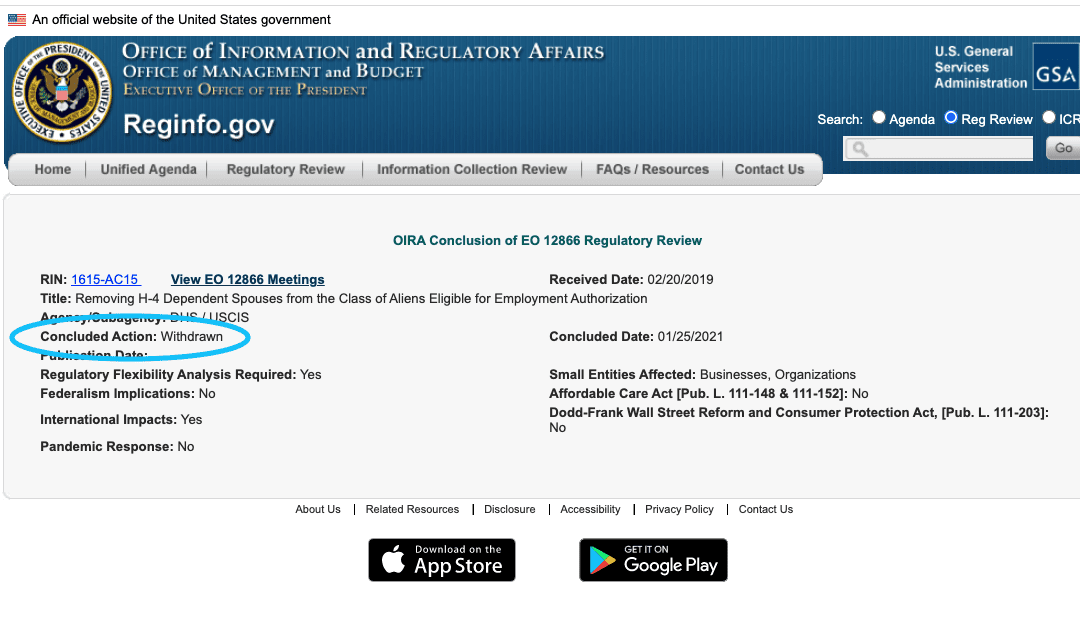 Proposed H4 EAD Recission Rule Withdrawn from Review