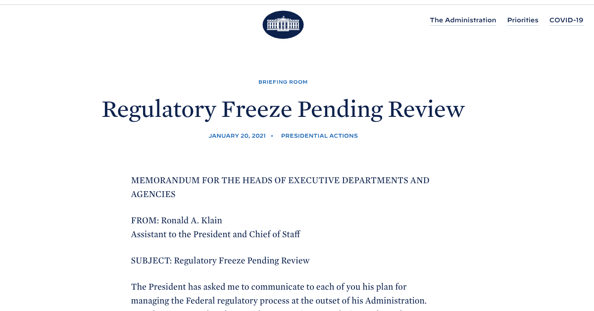 White House Issues Memo on Regulatory Freeze Pending Review