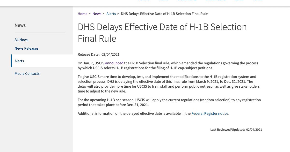 DHS Delays Effective Date of H-1B Selection Final Rule
