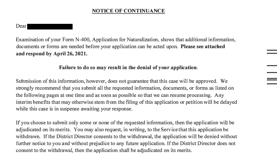 Naturalization Through Military Service – Notice of Continuance