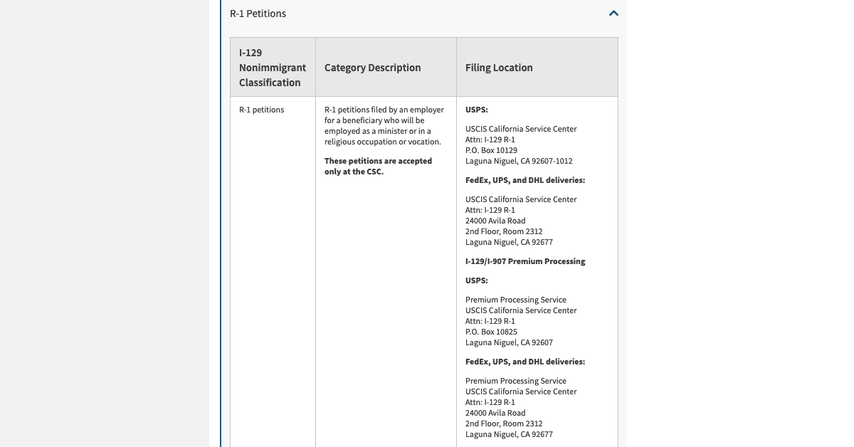 R1 Visa Filing Location