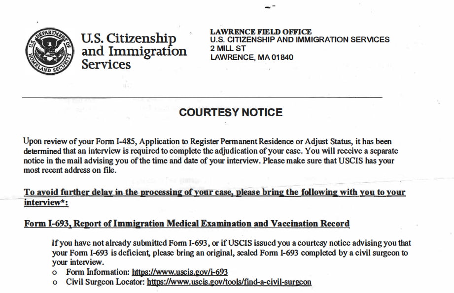 Courtesy Notice from USCIS Lawrence Field Office