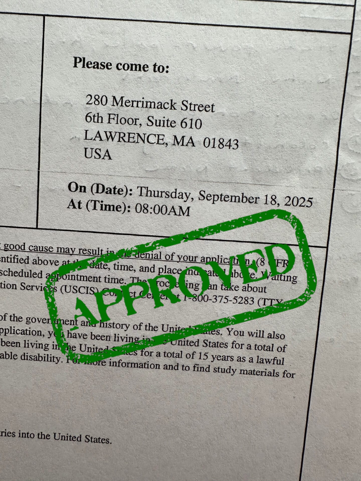 Naturalization Application Approved This Morning at the USCIS Lawrence Field Office 